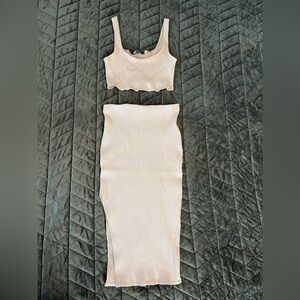 Lulus Set For Life Nude/Tan Ribbed Bodycon Two-Piece Midi Dress